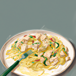 Keto Chicken Alfredo Zoodles digital art, trending on artstation, hd Artist: Camille Pissarro